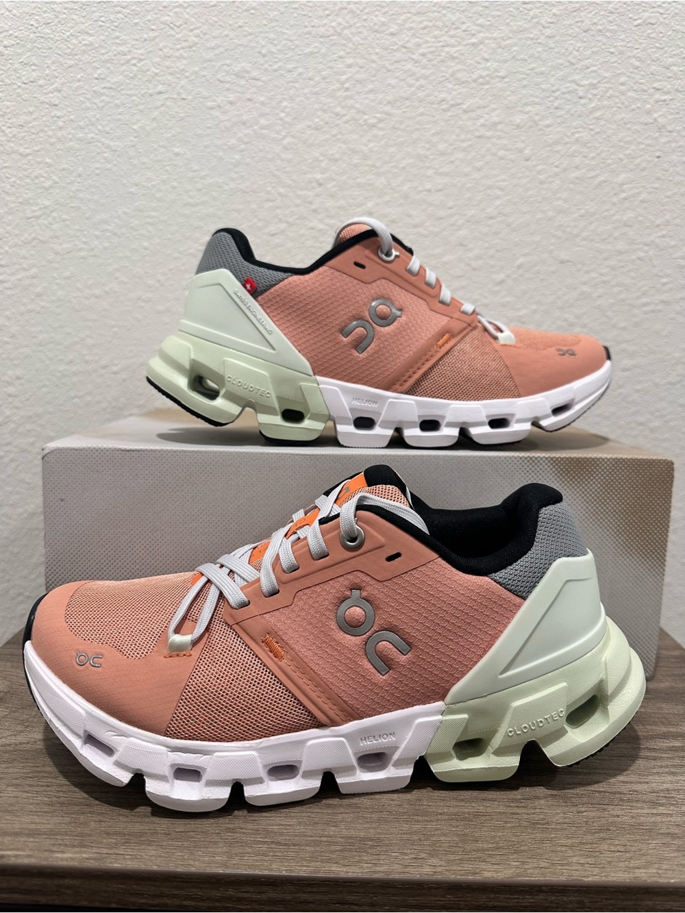On Running Coral and Light Green Cloudnova Sneakers